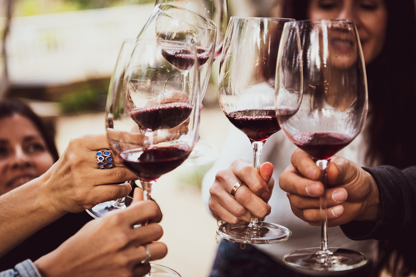 Closeup of women holding glasses of wine