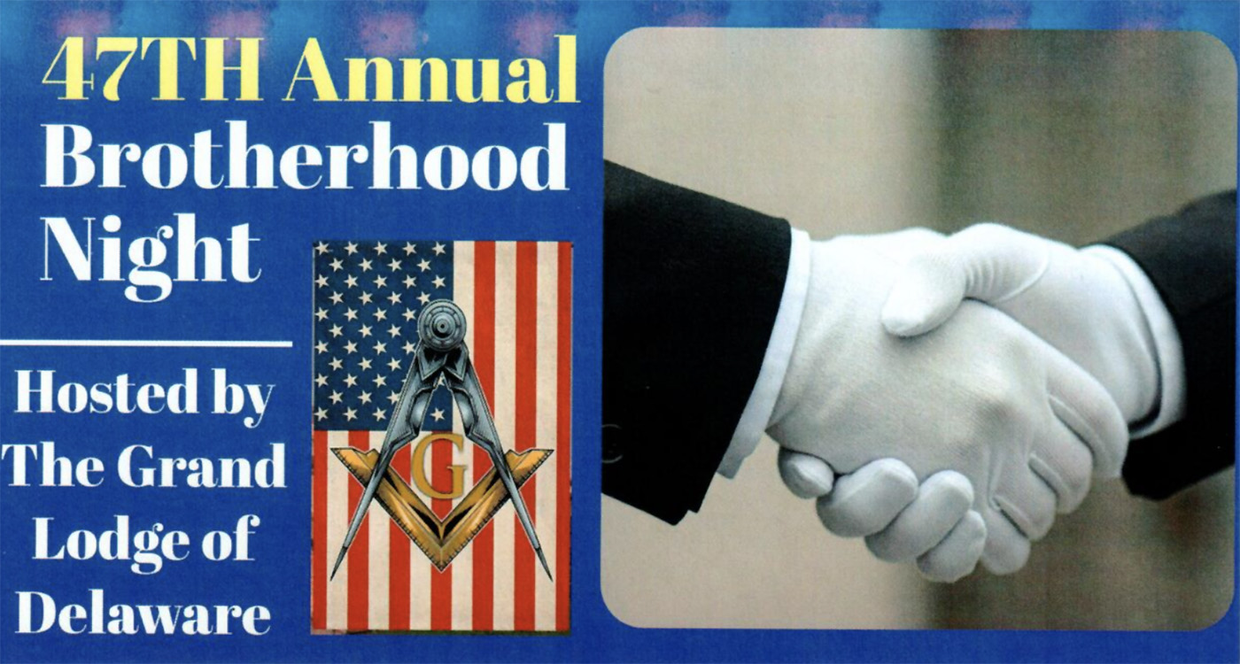Two gloved hands shaking with text "47th Annual Brotherhood Night, Hosted by the Grand Lodge of Delaware."