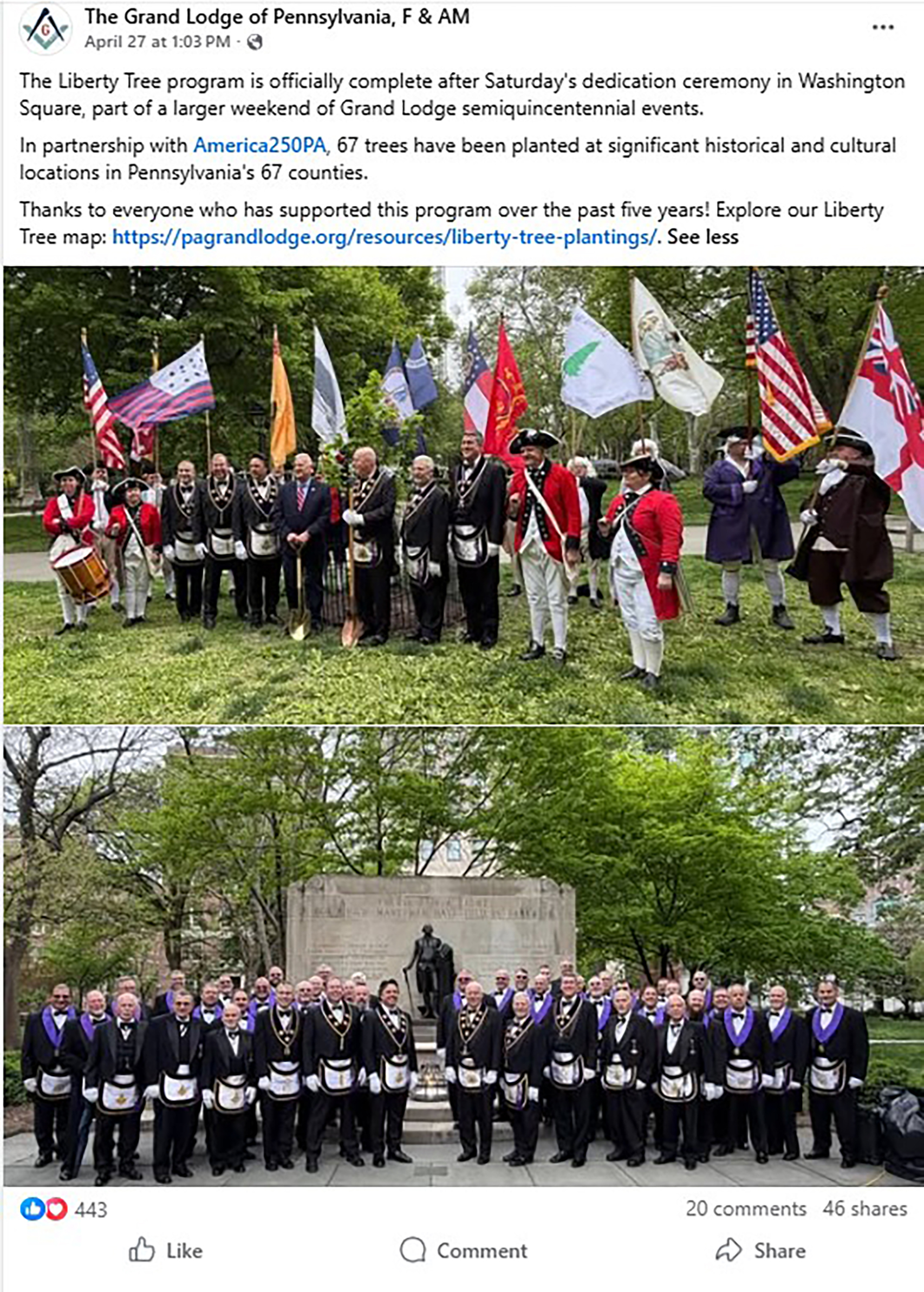 Screenshot of a Facebook post showcasing Masons at a Liberty Tree Planting.