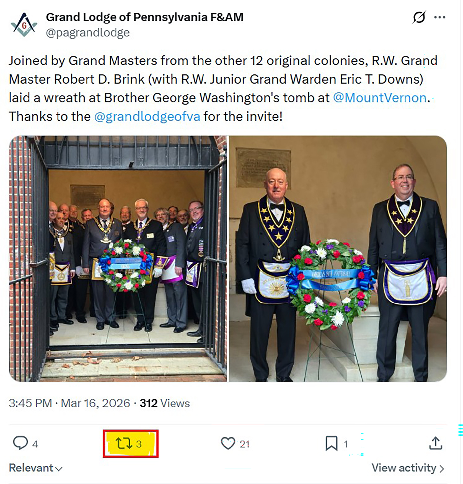 Screenshot of an X post featuring Masons at a wreath laying with the "share" button highlighted.