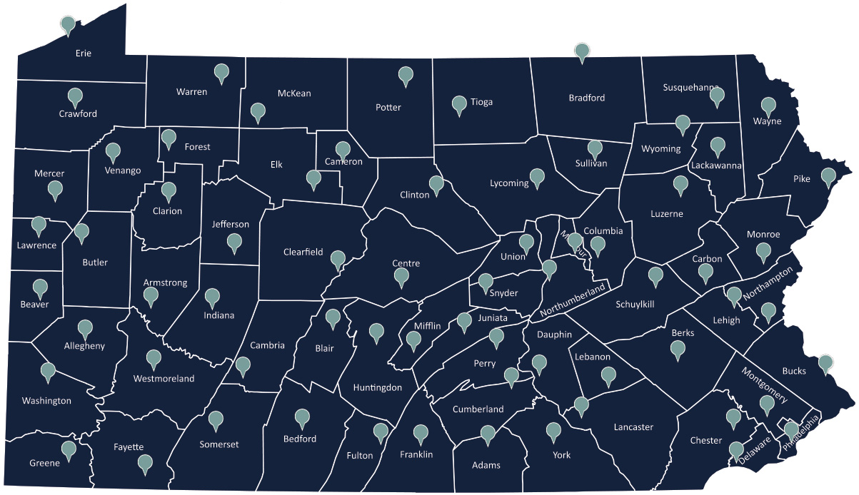 Map of Pennsylvania with map points highlighting Liberty Trees planted in each county.